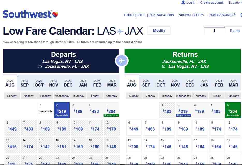 Southwest low fare calender