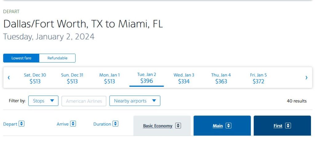 American Airlines low fare calendar