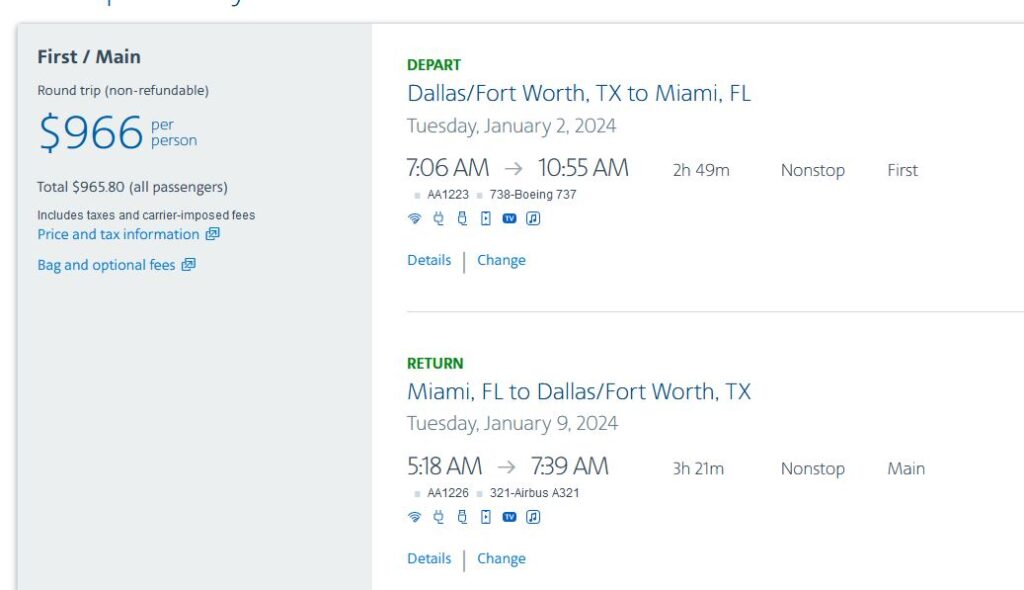 American Airlines low fare calendar